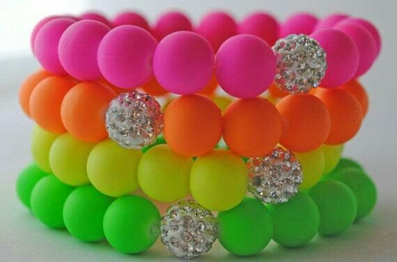 Neon Jewelry, Neon Accessories, Neon Bracelets, Shamballa Bracelets, Pave Beads, Neon Fashion, Color Beads, Neon Wedding, Mens Beaded Bracelets