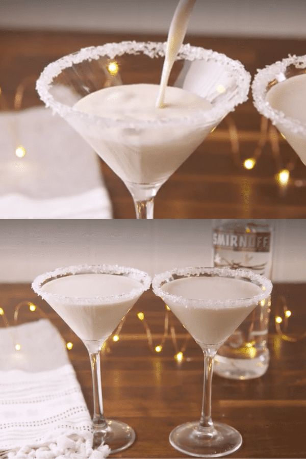 three martini glasses filled with white liquid