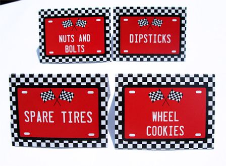 three red and black signs that say spare tires, nuts and boltets on them