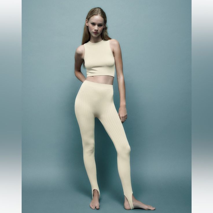 Brand New. High Waisted Leggings. Seamless Crop Top Color- Ecru Beige Stretch Leggings For Loungewear, Stretch Beige Leggings For Loungewear, High Stretch Beige Leggings For Yoga, Chic Stretch Beige Leggings, Cream Stretch Yoga Bottoms, Stretch Beige Bottoms With Seamless Construction, Zara Seamless Set, High Stretch Beige Pants For Loungewear, Chic Seamless High Stretch Bottoms