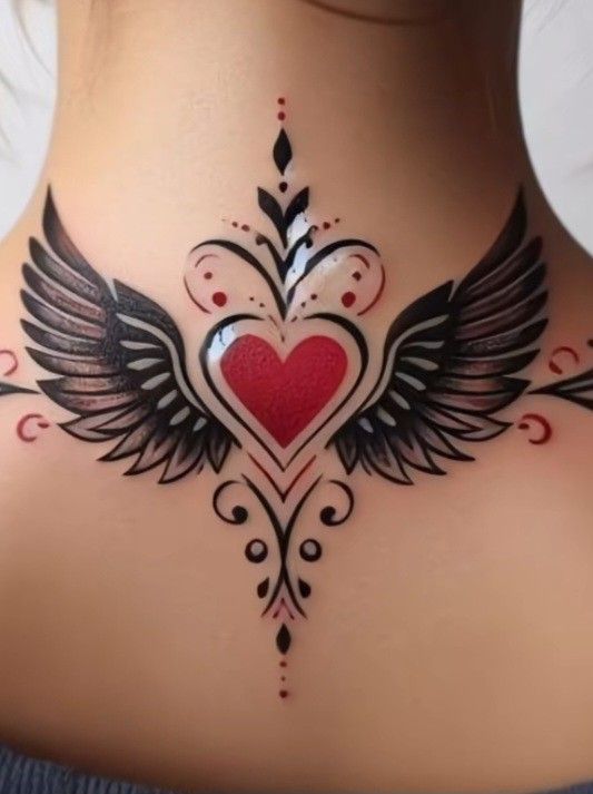 a heart with wings on the back of a woman's neck is seen in this image