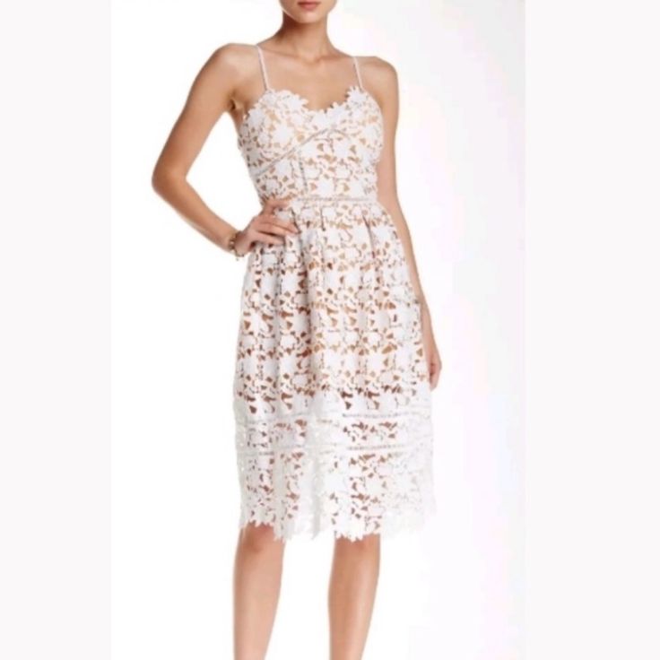 Perfect For A Bridal Shower Or Any Bride Related Or Vacation Event With Its Lace Design And Nude Underlay. Few Moda By Asos White Lace Spaghetti Strap Dress, Elegant White Lace Dress With Spaghetti Straps, White Scalloped Lace Beach Dress, White Sleeveless Lace Dress With Scalloped Lace, White Midi Lace Dress With Scalloped Lace, White Scalloped Lace Midi Dress, White Lace Dress With Spaghetti Straps For Summer, White Lace Summer Dress With Spaghetti Straps, White Lace Dress For Spring Party