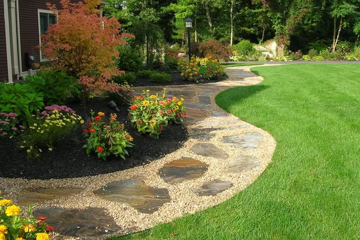 a garden with lots of green grass and flowers