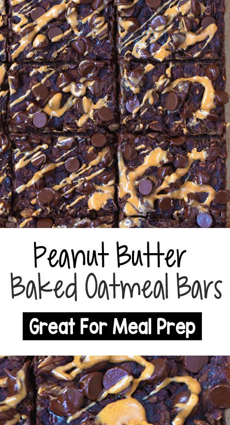 peanut butter baked oatmeal bars with chocolate and caramel drizzle