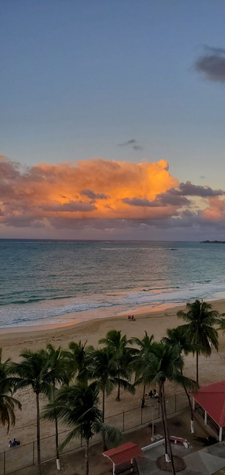 the sun is setting over the beach with palm trees and buildings in front of it