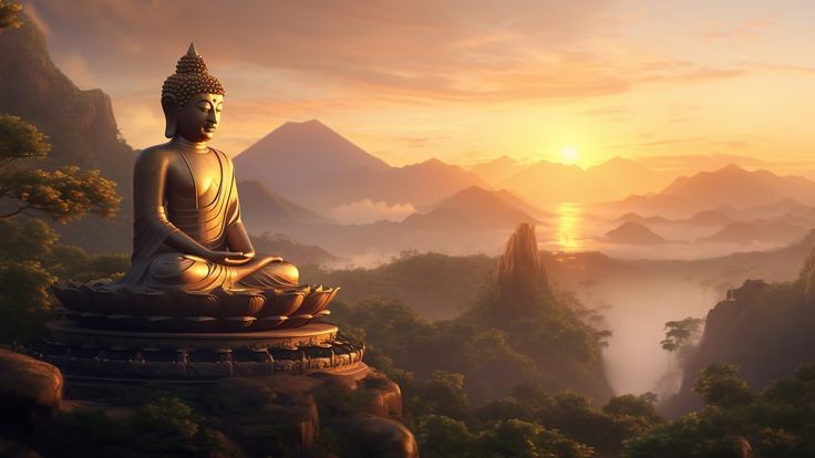 a buddha statue sitting on top of a mountain next to a forest filled with trees