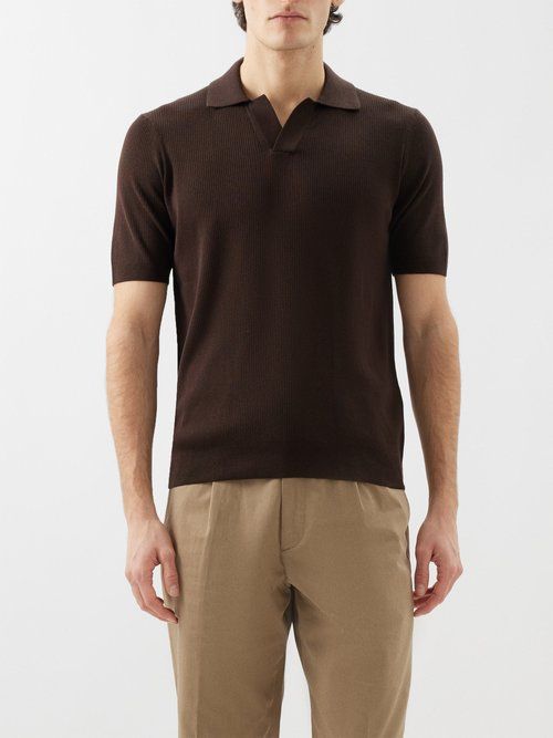 Build your off-duty look with Dunhill's timeless brown ribbed-knit polo shirt, made in Italy from mulberry silk blended with cotton. Brown Polo Shirt Men Outfit, Brown Polo Outfit Men, Polo Outfits, Polo Outfit Men, Polo Shirt Outfit Men, Brown Polo, Polo Outfit, Knit Polo, Mens Polo Shirts