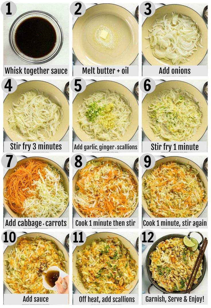 Overhead photo collage of how to make stir fried cabbage step by step with written instructions on each step. Stir Fry Cabbage, Stir Fried Cabbage Recipes, Stir Fried Cabbage, Fry Cabbage, Fried Cabbage Recipe, Fried Cabbage Recipes, Cabbage Side Dish, Cabbage Recipe, Cooked Cabbage