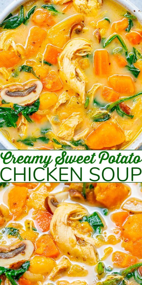 creamy sweet potato and chicken soup in a white bowl