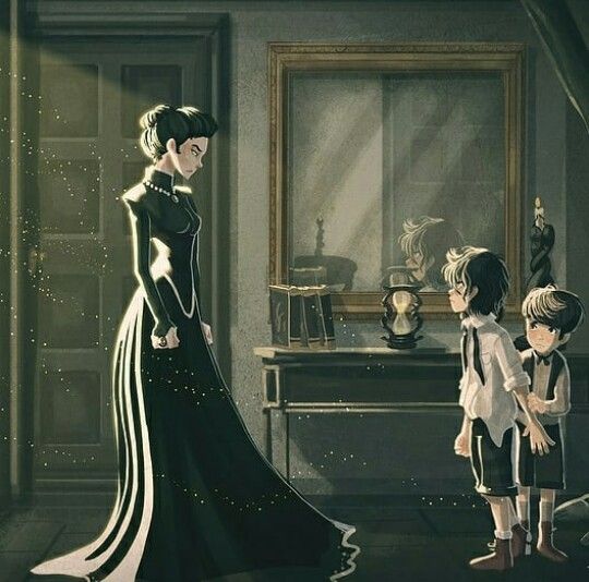 an animated image of two children standing in front of a dresser and looking at the mirror