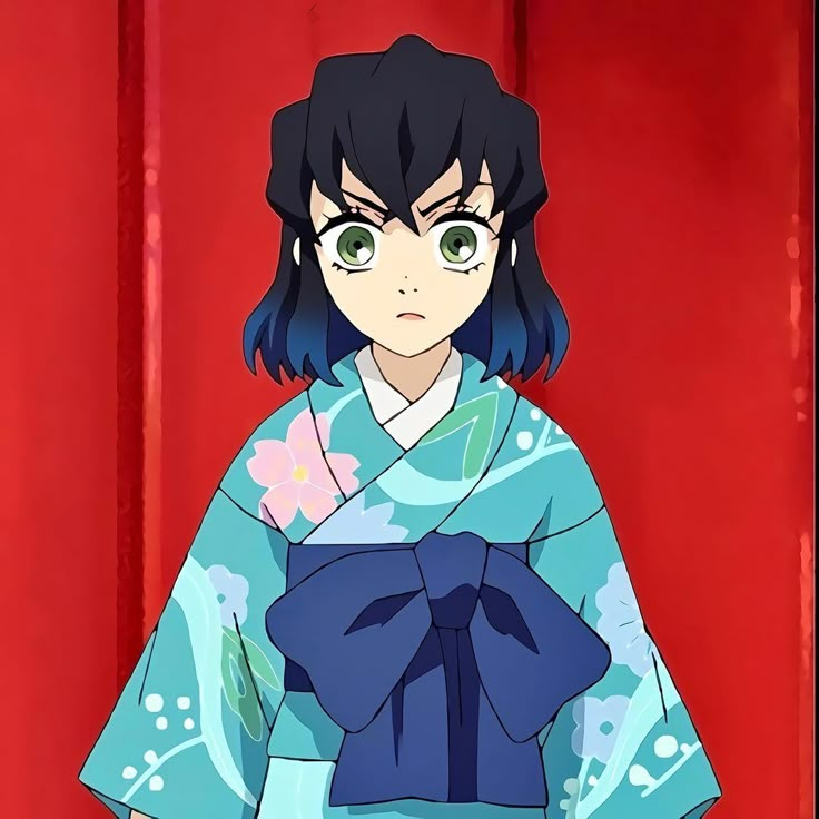 an anime character with dark hair and green eyes wearing a blue kimono, standing in front of a red wall