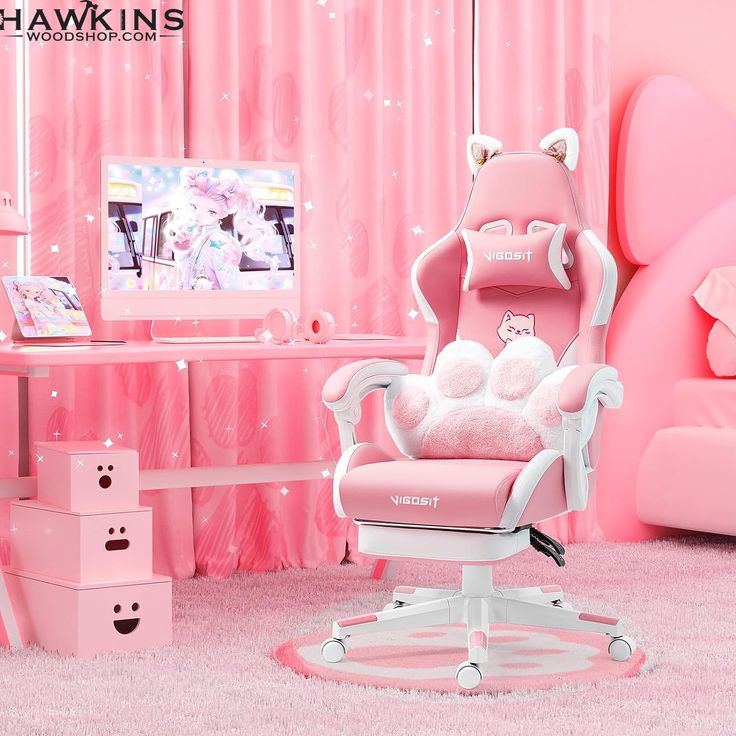 a pink chair with a white teddy bear on it in front of a pink wall