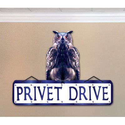 an owl sitting on top of a sign that says privet drive with the words