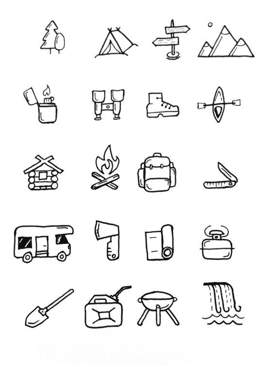 black and white line drawings of camping related items