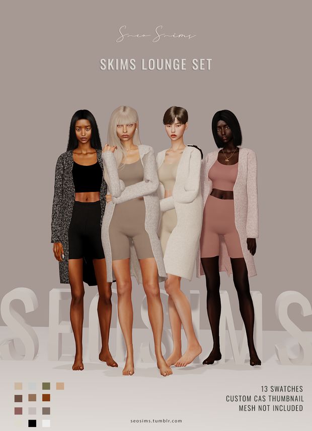 four women standing in front of a gray background with the words skims lounge set