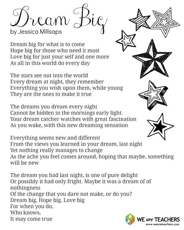 a poem written in black and white with stars on the page, which reads dream big