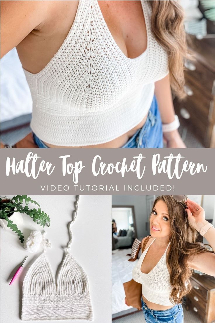 the top crochet pattern is shown in three different pictures, including an open bra and