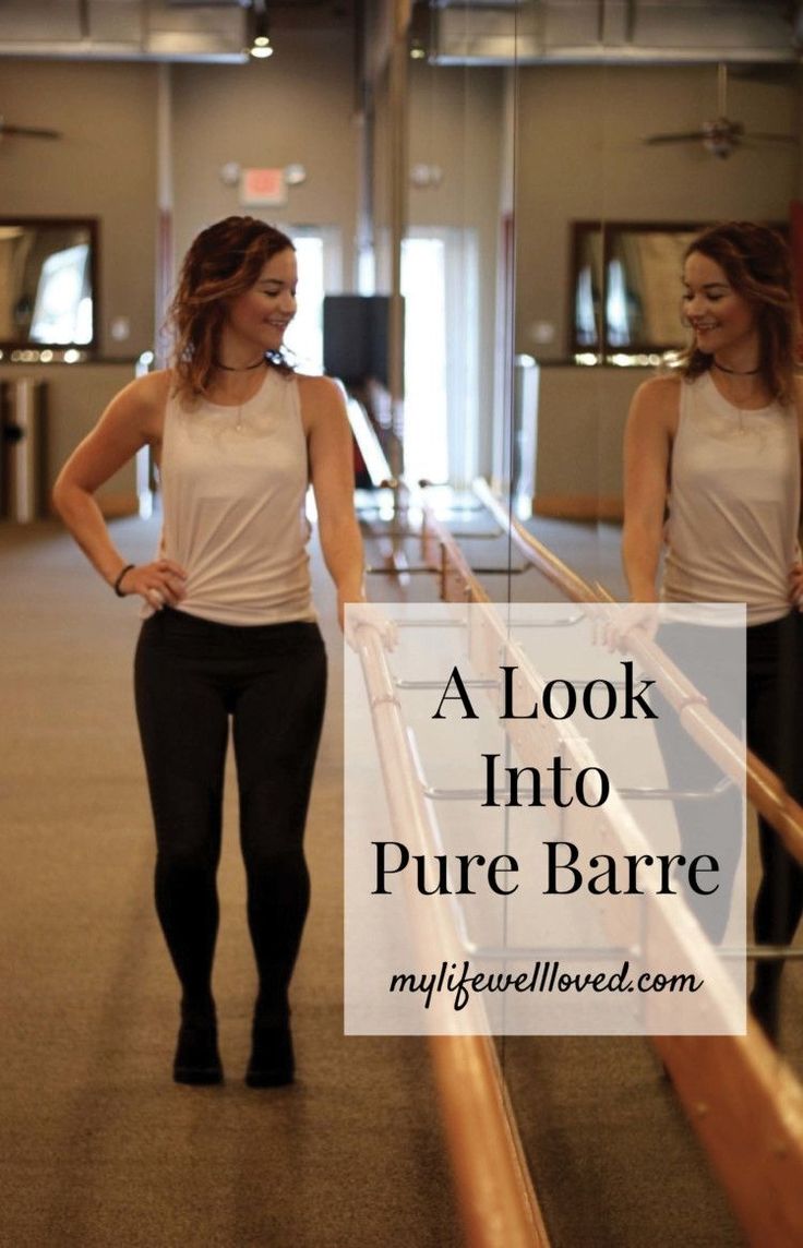 two women standing in front of a mirror with the words, a look into pure barre