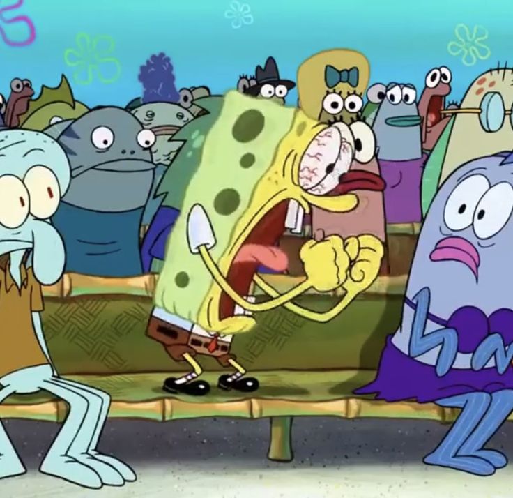 spongebob and his friends are sitting on a bench in the middle of an animated scene