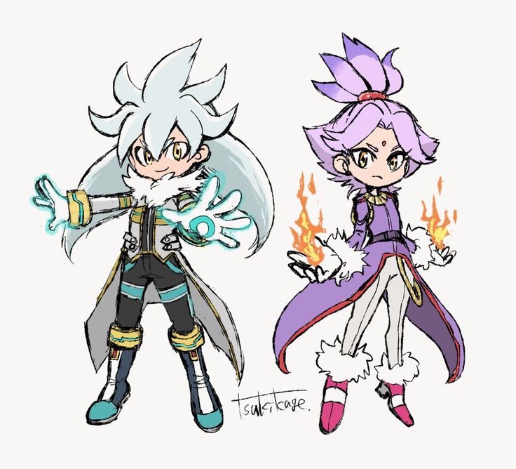 two cartoon characters, one with white hair and the other with purple hair holding fire