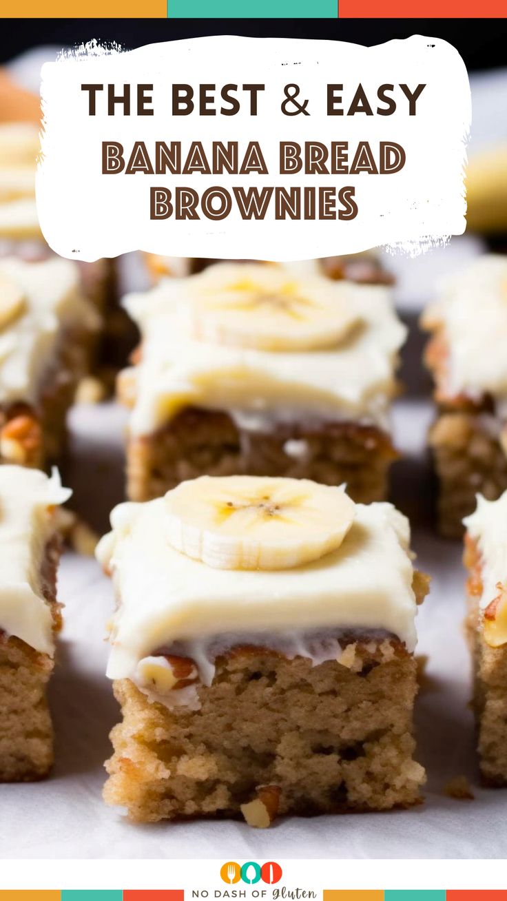 the best and easy banana bread brownies with white frosting on top are shown