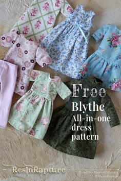 five baby clothes are on the floor with text that reads free blythe all - in - one dress pattern