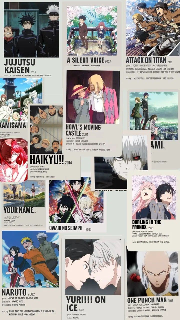 an anime poster with many different characters and their name in each one's own language