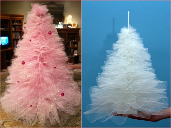 two different types of christmas trees with pink and white tulle on them, one in the shape of a tree