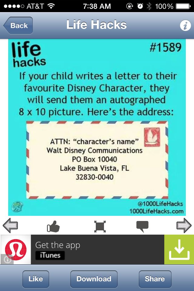 an instagram page with the text life hacks if your child writes a letter to their favorite disney character, they will send them an autographed 8 x 10 pictures here