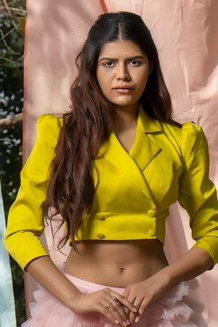 Shop for Nayantaara Yellow Swiss Net Cropped Blazer And Tulle Skirt Set for Women Online at Aza Fashions Blazer And Tulle Skirt, Net Embroidery, Yellow Skirt, Luxury Sale, Satin Color, Cropped Blazer, Breasted Blazer, Double Breasted Blazer, Set For Women