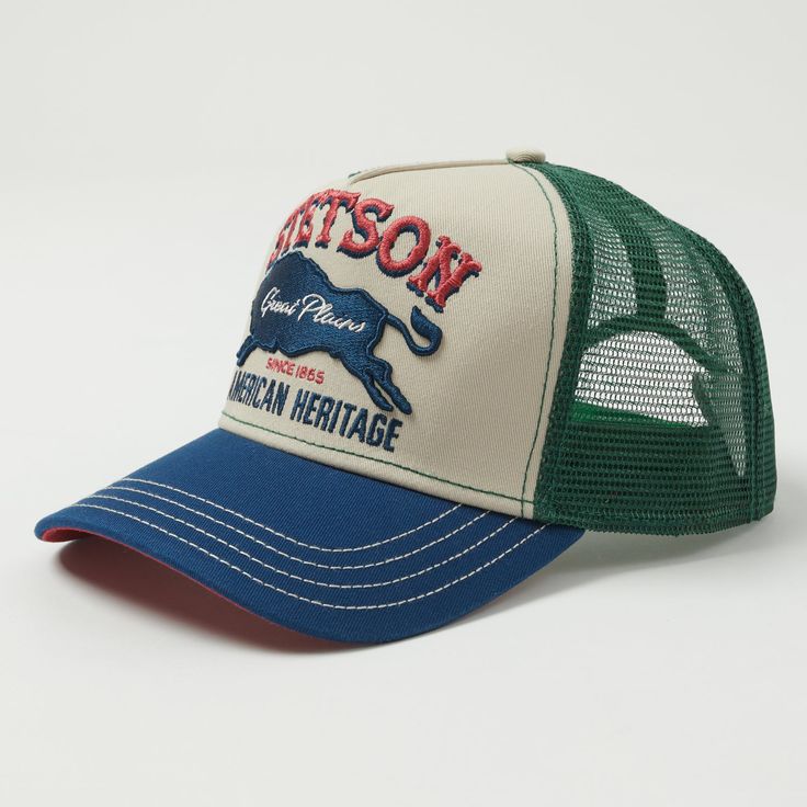 Stetson’s new line of classic American trucker caps draw on playful design, and vibrant colour options. The perfect cap to throw a touch of interest into your outfit, this piece has been cut with the iconic wide front panel with embroidered patch, and features cotton side panels for protection from the elements, and an adjustable back strap. An all cotton sweatband has been included for comfort, and the Stetson name shines through in the quality of construction. Mesh Trucker Cap Wide front panel Wrangler Hats, Guys Hats, Trucker Hat Designs, Trucker Cap Design, Desain Merek, Customized Clothes, Cap Drawing, Carhartt Hat, Streetwear Hats