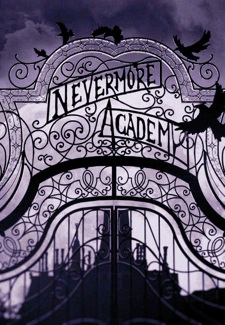 an iron gate that says nevermoret academy with birds flying over it and on top