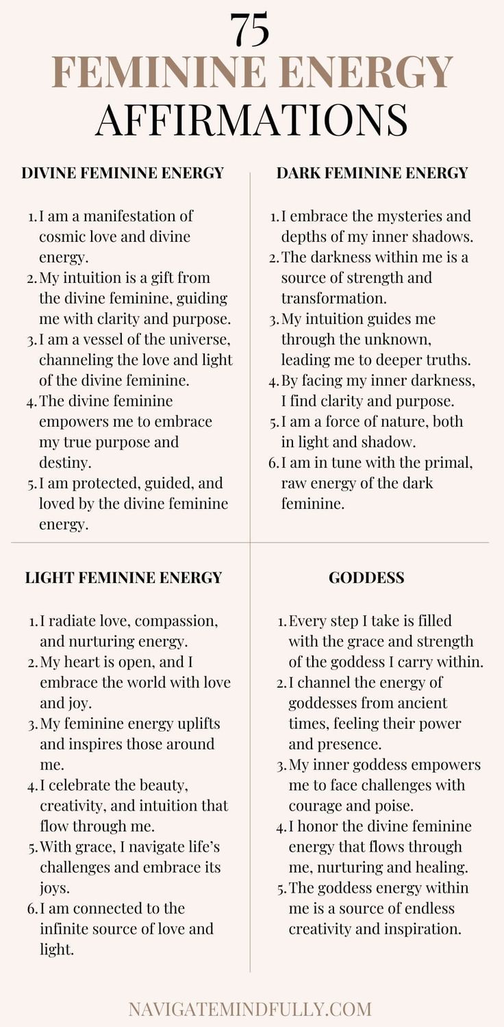 the feminine energy affirmation list with text on it and an image of two different types