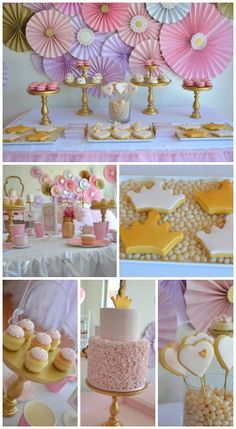 pink and gold dessert table with cupcakes, cookies, cakes and paper fan decorations