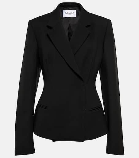 Virgin wool blazer in black - Alaia | Mytheresa Tailored Blazer Dress With Structured Shoulders For Business, Wool Blazer With Suit Collar For Evening, Tailored Blazer With Concealed Front Fastening, Formal Structured Blazer With Concealed Front Fastening, Structured Blazer With Concealed Front Fastening For Formal Occasions, Structured Blazer With Concealed Front Fastening For Office, Structured Office Blazer With Concealed Front Fastening, Business Blazer With Structured Shoulders, Elegant Blazer With Notch Lapel And Concealed Fastening