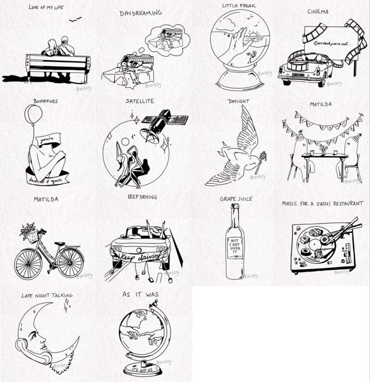 an image of different types of things in black and white on the page, including wine bottles