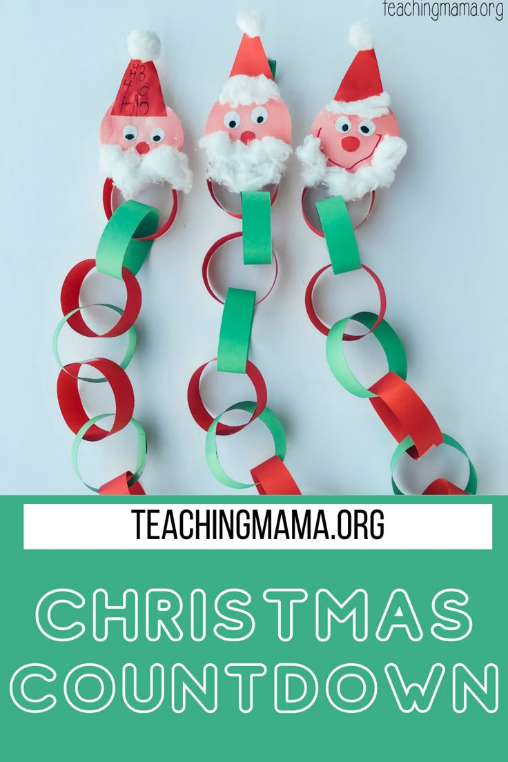 three paper christmas decorations with santa hats on them and the words teachingma 086