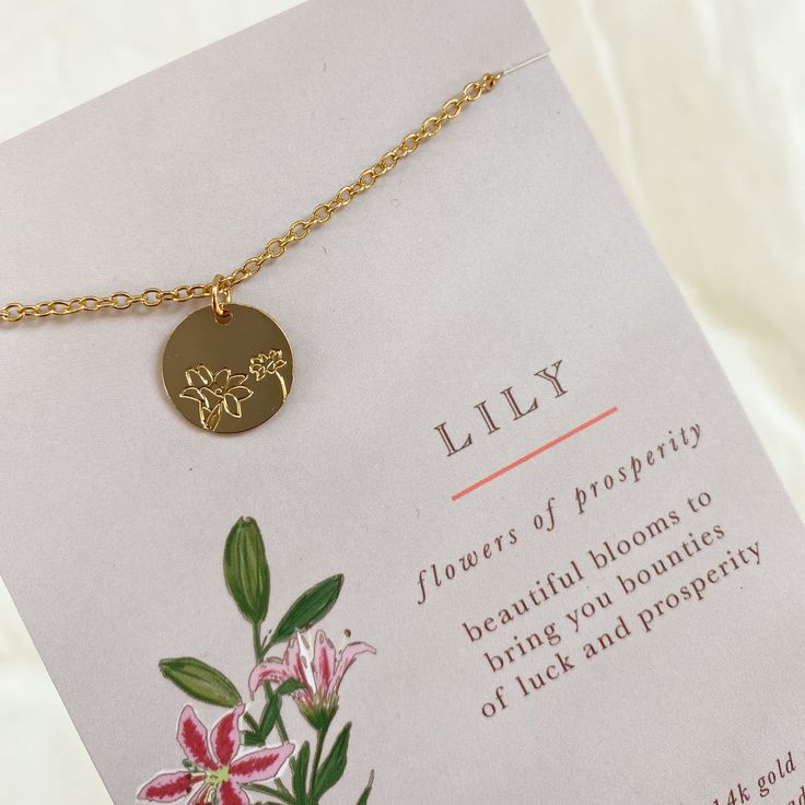 Lily, flower of prosperity. This beautiful 14k gold dipped necklace is perfect as a birthday present! 16-18in adjustable Lily Flower Necklace, Dainty Adjustable Jewelry For Gifts, Dainty Adjustable Jewelry As Gift, Adjustable Flower-shaped Yellow Gold Necklace, Adjustable Gold Necklace With Flower Pendant, Dainty Adjustable Length Jewelry For Gifts, Adjustable Yellow Gold Flower Necklace, Adjustable Yellow Gold Flower Necklaces, Elegant Adjustable Personalized Flower Necklace