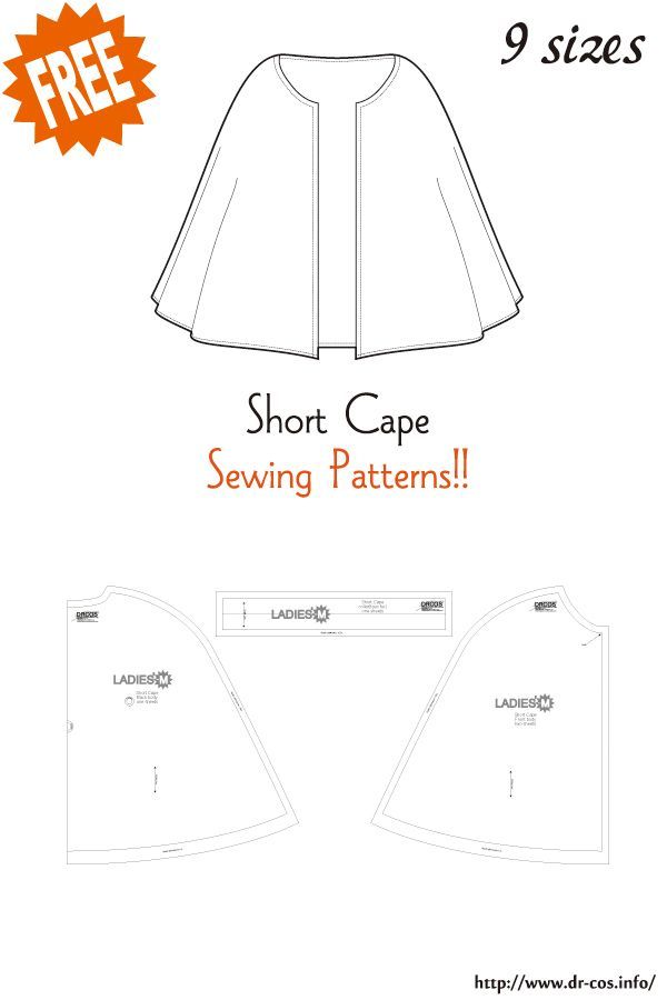 the front and back view of a short cape sewing pattern, with text that reads shorts cape sewing patterns