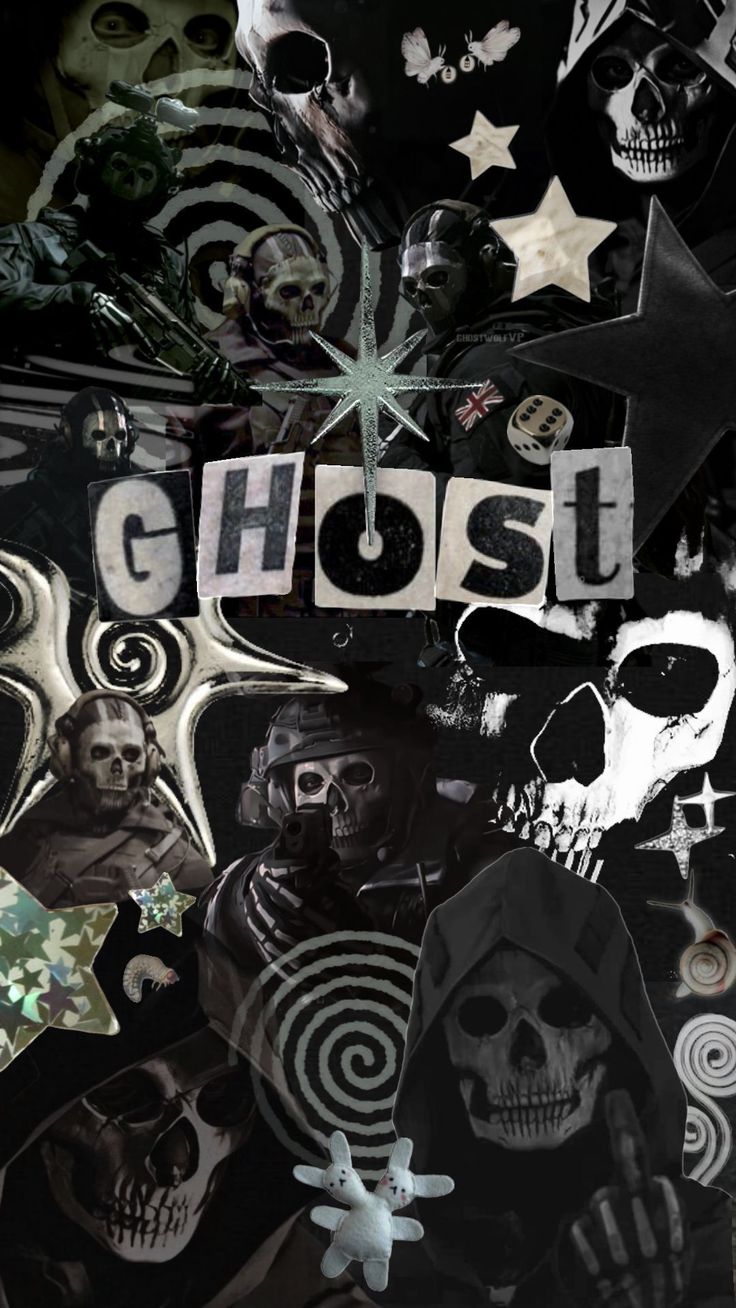 the word ghost is surrounded by skulls and other things that appear to be made out of paper