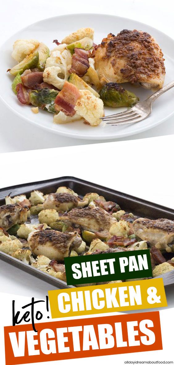 two plates with different types of food on them and the words, sheet pan chicken & vegetables