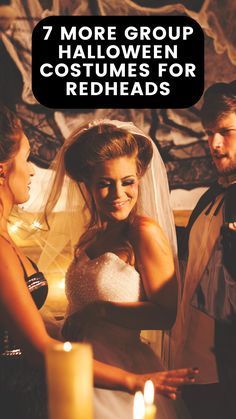 a bride and groom standing in front of candles with the caption 7 more group halloween costumes for redheads