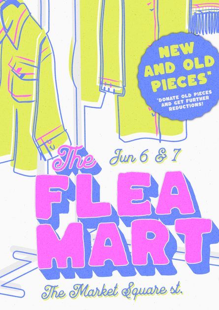 an advertisement for the flea marte in new and old pieces, featuring clothes on hangers