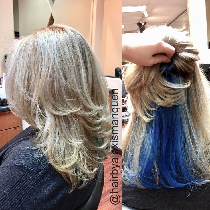 Blonde And Blue Peekaboo, Layered Peekaboo Hair, Blue Peekaboo Hair Blonde, Blonde And Blue Hair Peekaboo, Blonde Hair Blue Tips, Blonde With Blue Underneath, Blonde Peekaboo Hair, Blonde Hair With Blue Tips, Blonde Hair With Blue