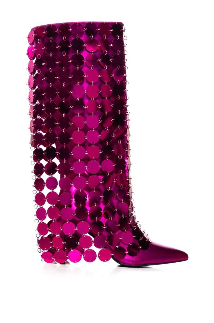 side image of azalea wang fuchsia pink stiletto pointed toe boots with circular pink disco ball fold over accent Fold Over Boots, Vintage Disco, Azalea Wang, Pink Friday, Statement Shoe, Metallic Pink, Stiletto Pumps, Boots Knee, Shoe Lover