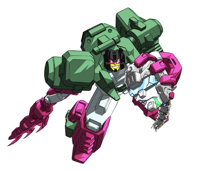 an animated image of a green and pink robot that is flying through the air with its arms outstretched