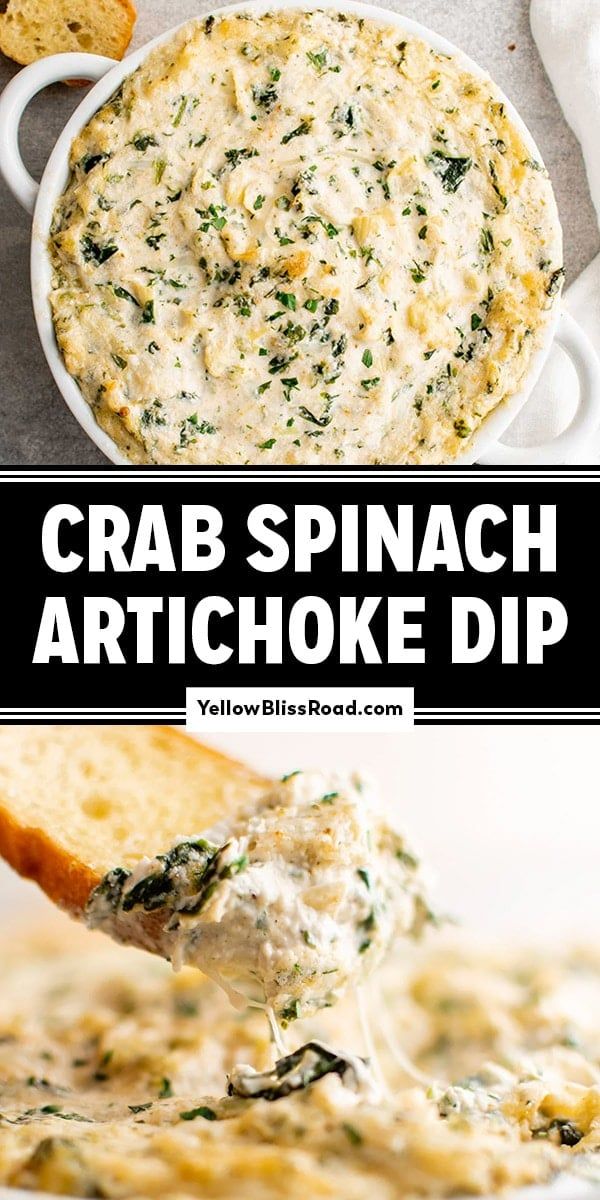 crab spinach artichoke dip in a white bowl with bread on the side