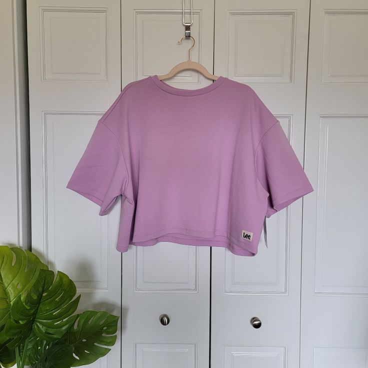 Oversized Short Sleeve Crop Sweatshirt 18.5" Length 28" Pit To Pit Listed As An Xl Brand Lee New With Tags Color Sugar Lilac Oversized Long Sleeve Lavender Top, Spring Oversized Purple Tops, Oversized Purple Tops For Spring, Oversized Purple Loungewear Top, Oversized Purple Lounge Top, Oversized Purple Top For Loungewear, Oversized Purple Crew Neck Sweatshirt, Purple Relaxed Fit Casual Top, Pink Relaxed Fit Short Sleeve Sweatshirt