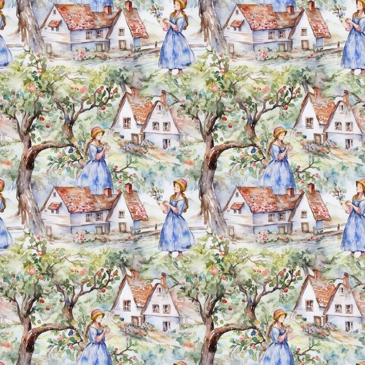 a watercolor painting of a woman in blue dress standing next to a tree and house