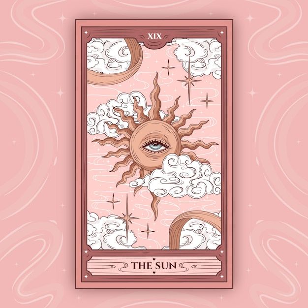 the sun tarot card with clouds and stars on it, against a pink background